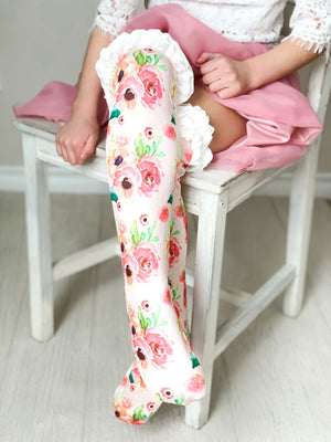 Girls Ruffle Knee High Socks / Peach Floral