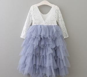 Veronica Soft White Eyelash Long Sleeve Lace with a Country Blue Long Tutu Skirt - Princess Dress