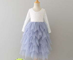 Veronica Soft White Eyelash Long Sleeve Lace with a Country Blue Long Tutu Skirt - Princess Dress