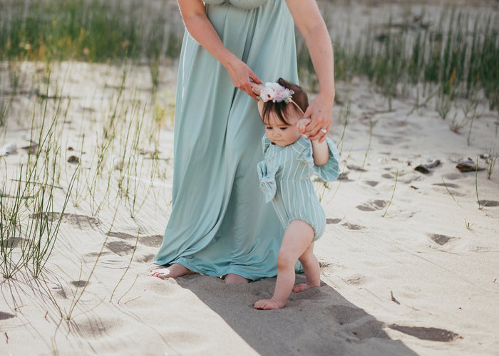 Kryssi Kouture Oh that Bow Sea Foam Stripe Bell Sleeve Romper