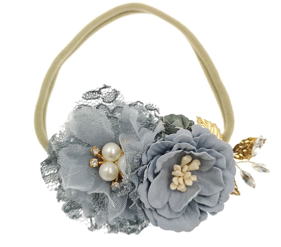 Vintage Grey/Blue Floral Cluster Nylon Headband