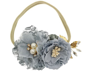Vintage Grey/Blue Floral Cluster Nylon Headband