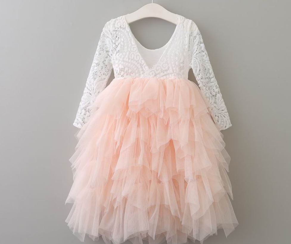 Veronica Soft White Eyelash Long Sleeve Lace with a Peach Long Tutu Skirt - Princess Dress