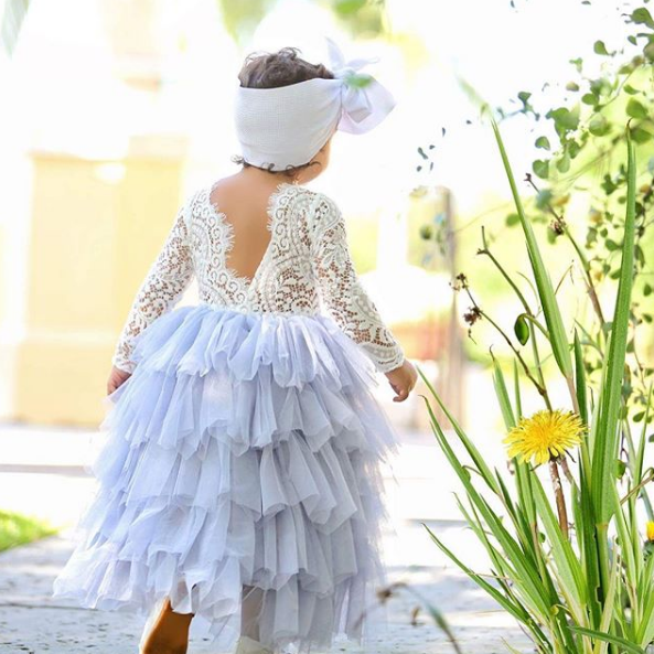 Kryssi Kouture Veronica Soft White Eyelash Long Sleeve Lace with a Parisian Blue Long Tutu Skirt - Princess Dress