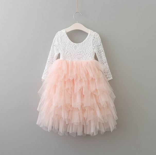 Kryssi Kouture White Eyelash Lace Long Sleeve with a Blush Tulle Skirt Flower Girl and Birthday Dress