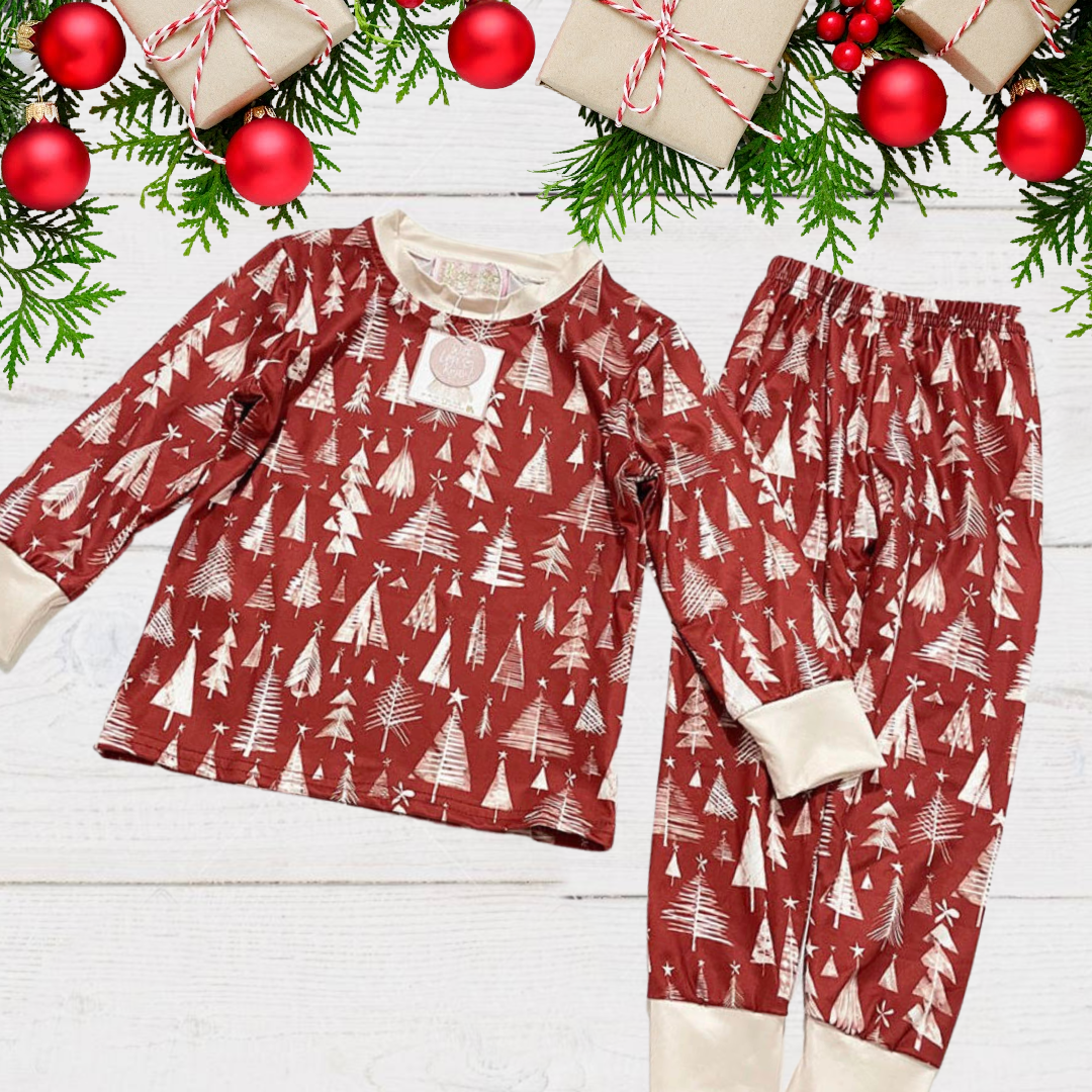 Kids 2 Pc Pajamas - Christmas Red/Burgundy Trees