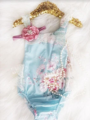 Kryssi Kouture Exclusive Girls Anastasia Ruffled Lace and Vintage Floral Romper