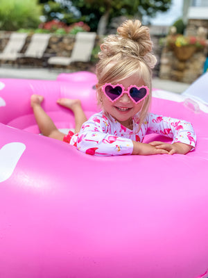 Kryssi Kouture Girls One Piece Bathing Suit - Hot Pink & Red Flamingo Ruffle Bum Zip Swimsuit
