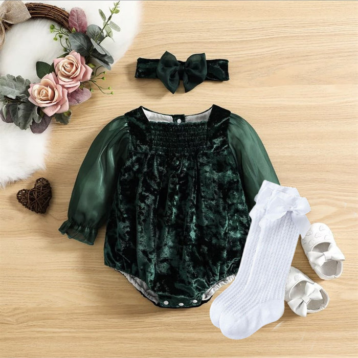 Holiday Velvet Big Bow Rompers - Christmas Green