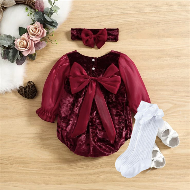 Holiday Velvet Big Bow Rompers - Christmas Red - back of romper - includes Knee High Socks & matching color headband