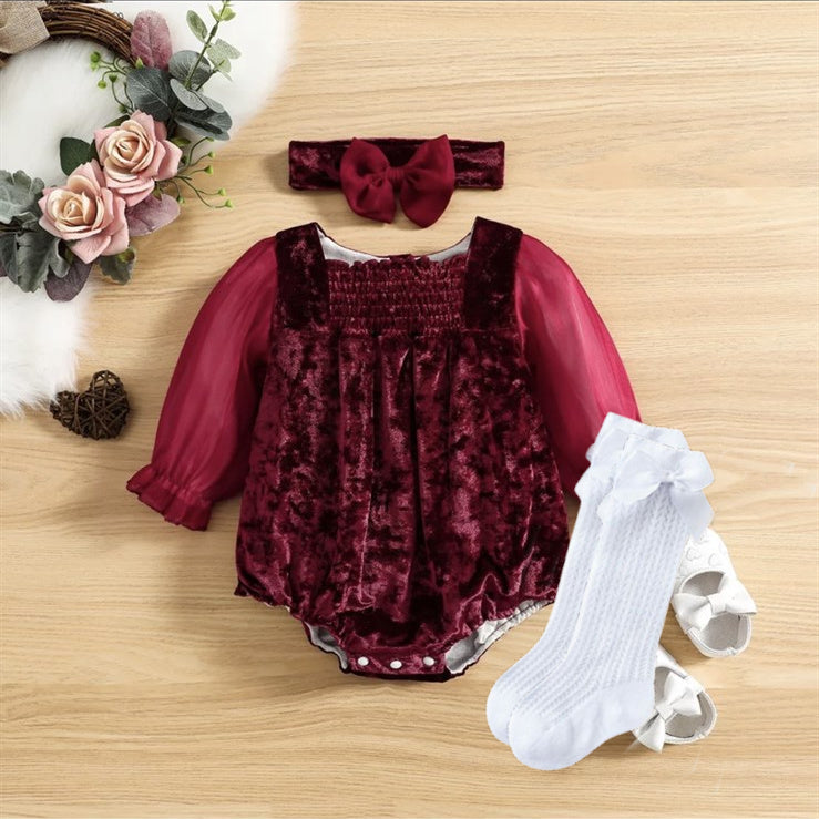 Holiday Velvet Big Bow Rompers - Christmas Red - includes Knee High Socks & Matching color headband