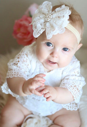 Vintage Lace Ruffle Bow with Accented Pearls Headband