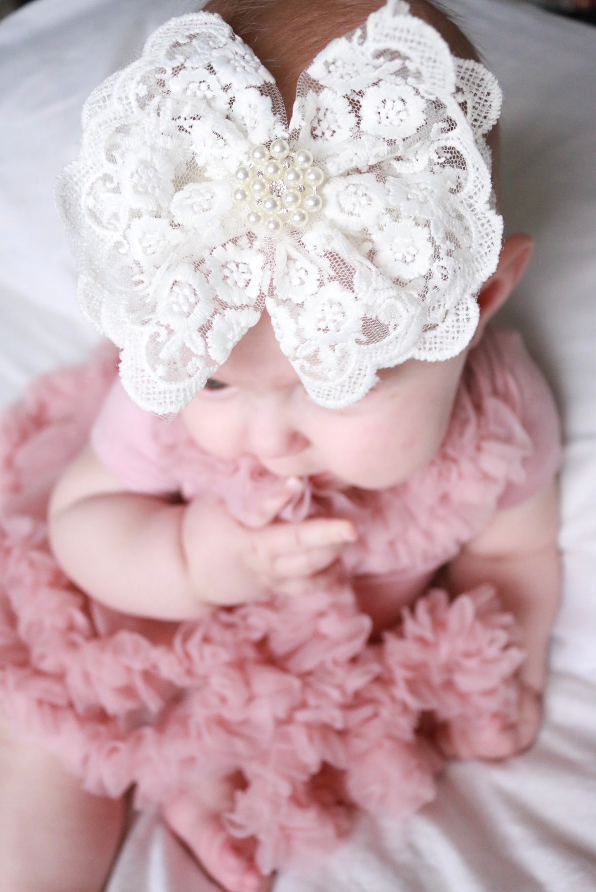 Vintage Lace Ruffle Bow with Accented Pearls Headband