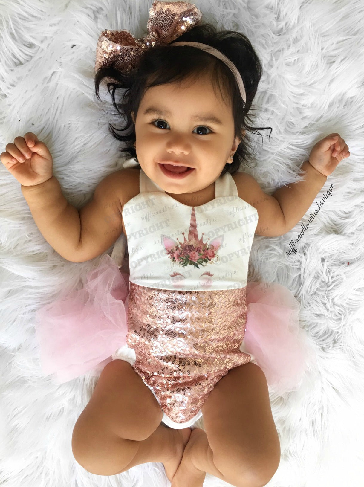 Baby Girls Rose Gold Princess Vintage Unicorn First Birthday Tutu Romper - Exclusive Kryssi Kouture