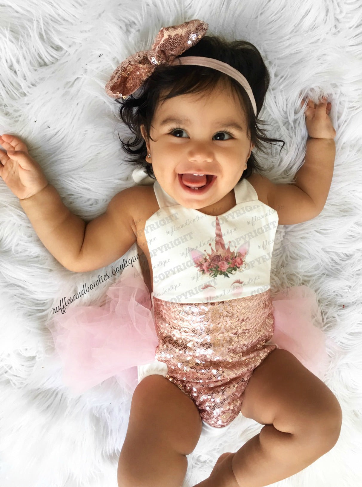 Baby Girls Rose Gold Princess Vintage Unicorn First Birthday Tutu Romper - Exclusive Kryssi Kouture
