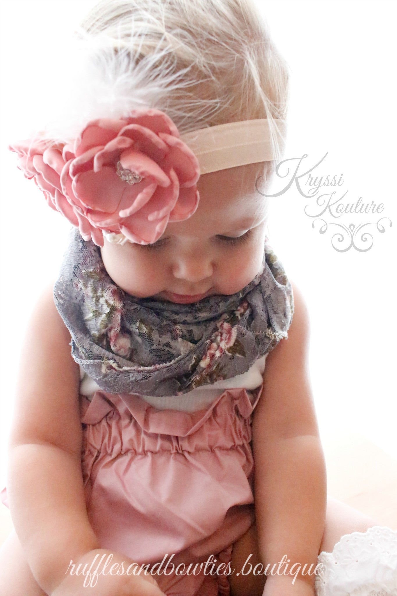 Dusty Rose Flower with Feather & Lace Headband - Ruffles & Bowties Bowtique - 2