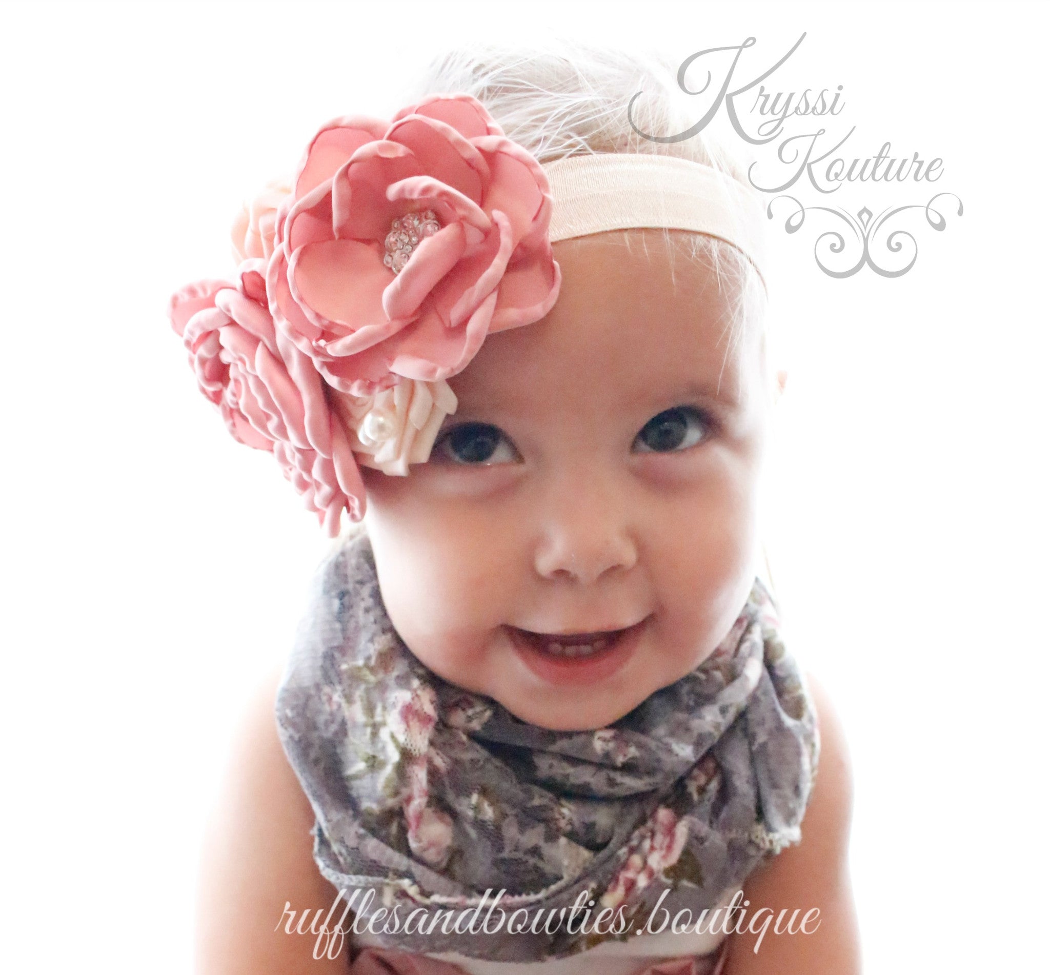 Dusty Rose Flower with Feather & Lace Headband - Ruffles & Bowties Bowtique - 1