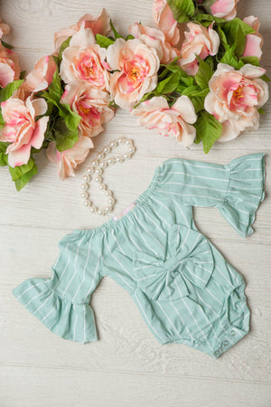 Kryssi Kouture Oh that Bow Sea Foam Stripe Bell Sleeve Romper