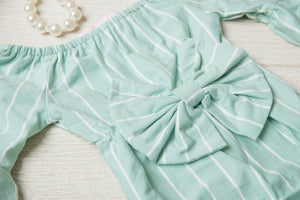 Kryssi Kouture Oh that Bow Sea Foam Stripe Bell Sleeve Romper