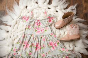 Girls Dusty Sage Floral Spaghetti Strap High Low Dress