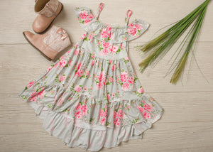 Girls Dusty Sage Floral Spaghetti Strap High Low Dress