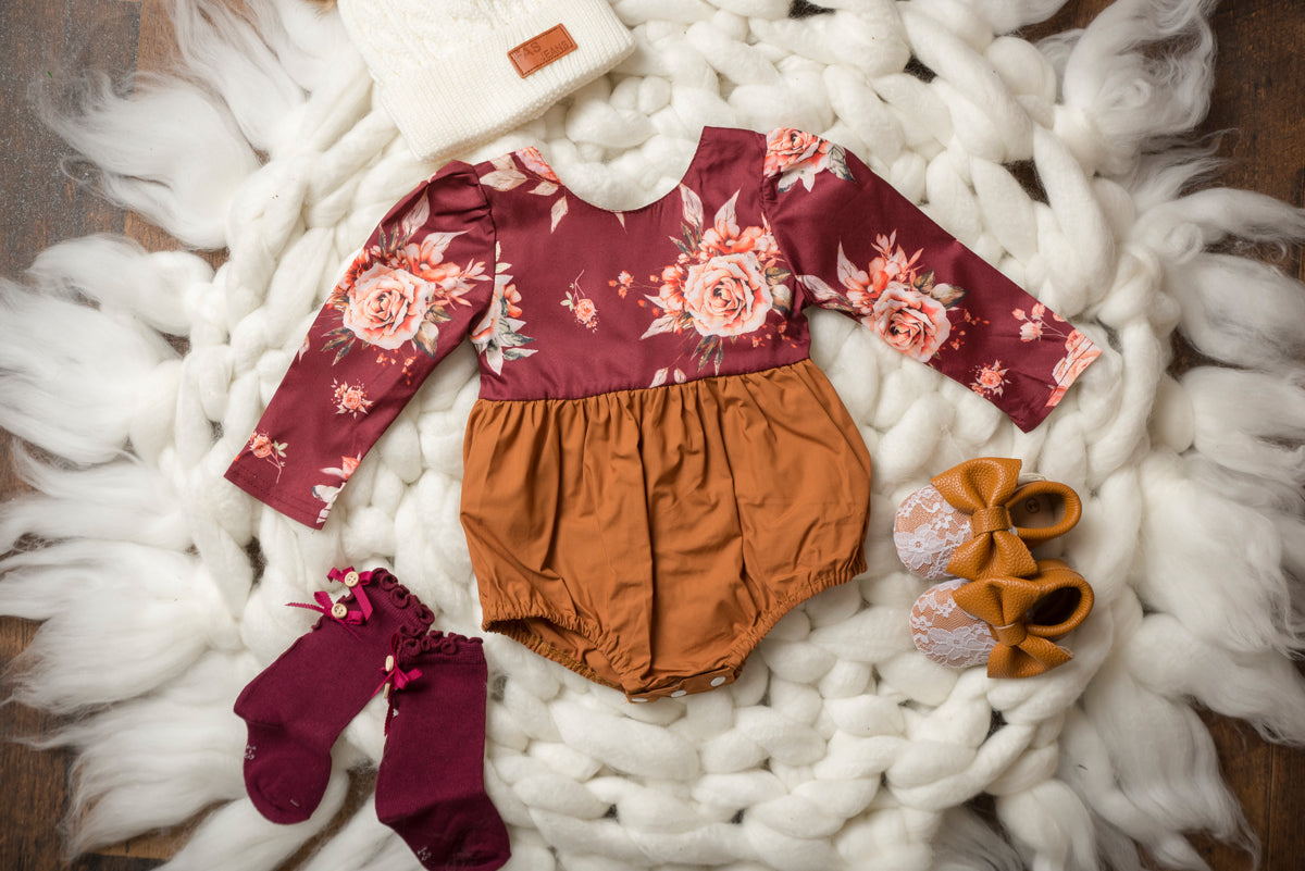 Marsala Wine & Mustard Floral Long Sleeve Romper