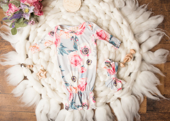 Grey Floral NB Sleep Sack/Bag & Headband