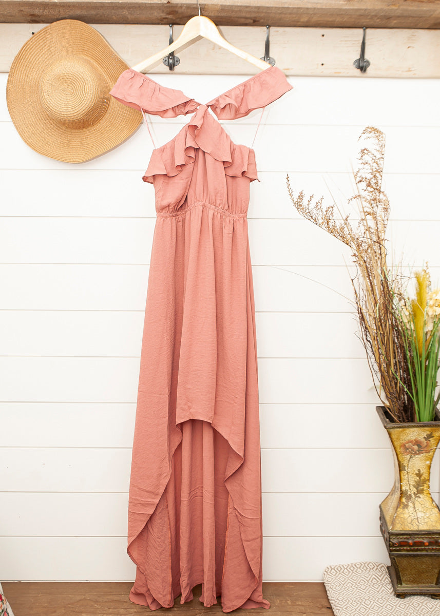 Ladies Dusty Rose Ruffle High Low Dress
