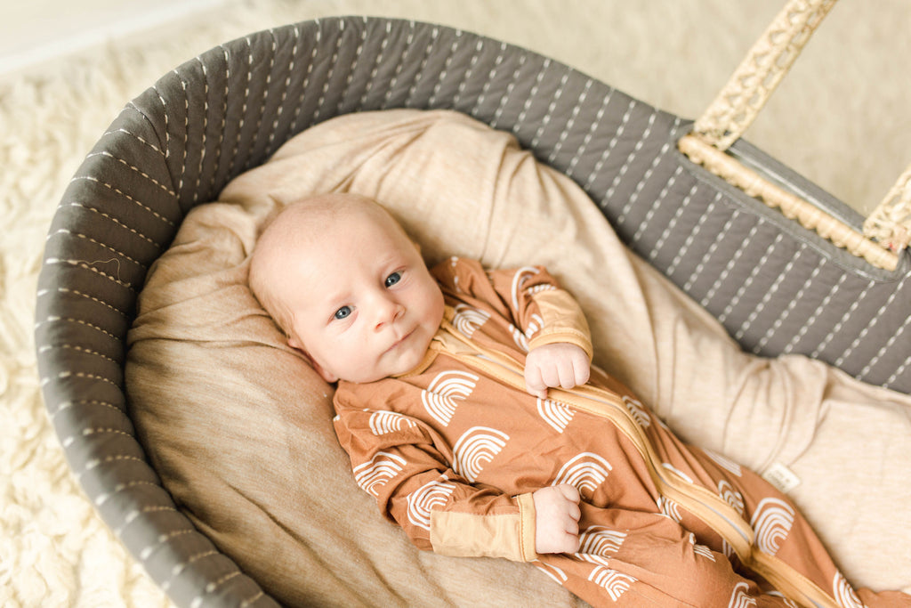 Premier Baby Neutral Printed Bamboo Zippies - Rust with White Rainbows