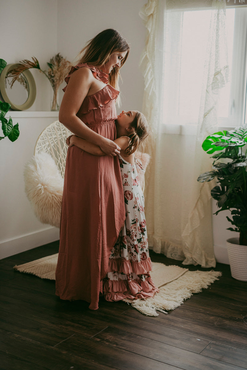 Ladies Dusty Rose Ruffle High Low Dress