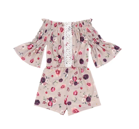 Kryssi Kouture Ladies Mocha Rose Lace Off The Shoulder Romper