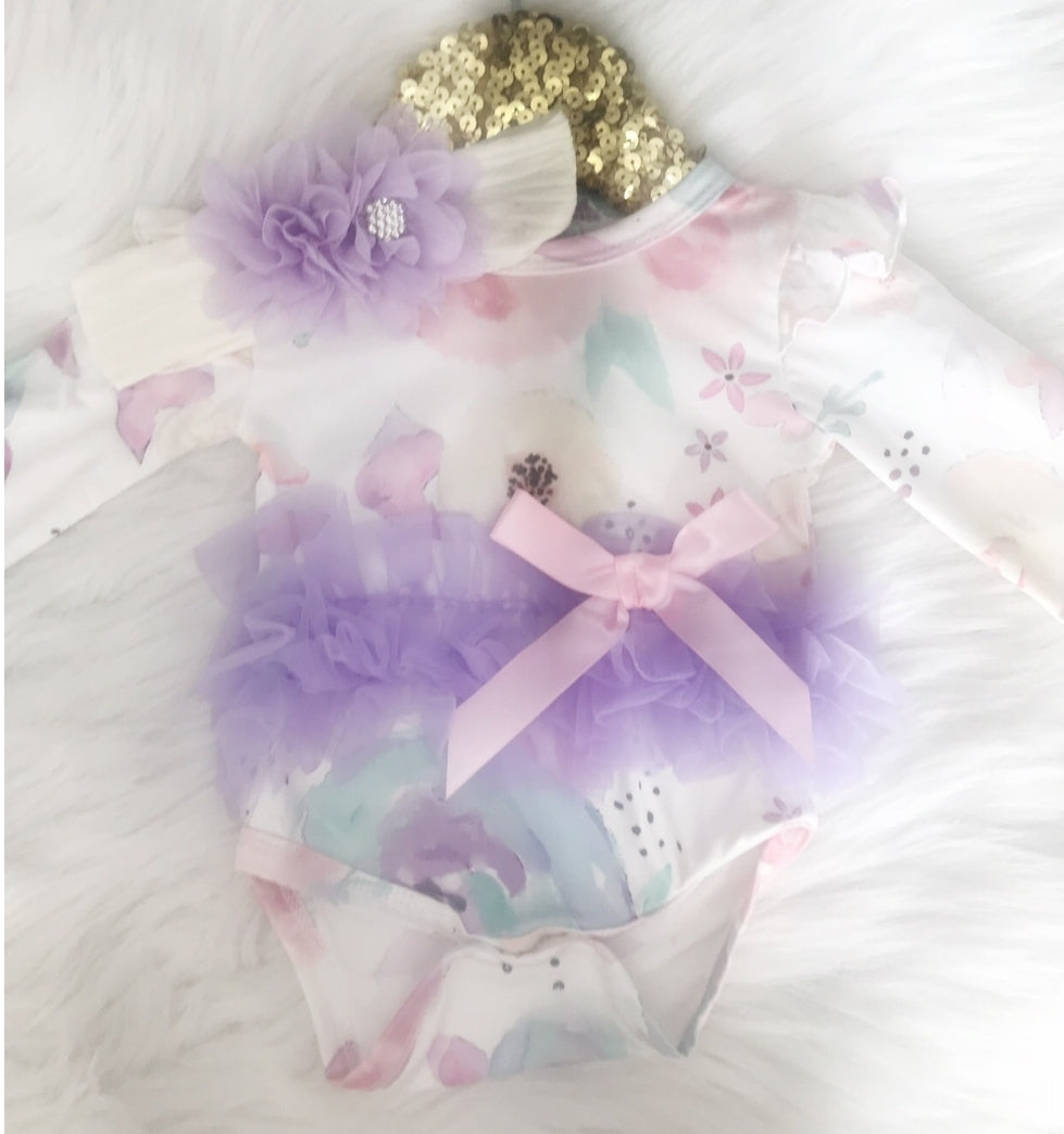 Kryssi Kouture Soft Mauve Floral Ruffled Long Sleeve Ruffle Romper, Newborn - Ruffles & Bowties Bowtique