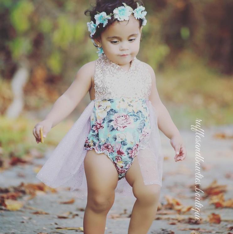 ***KRYSSI KOUTURE EXCLUSIVE*** Aqua, Dusty Mauve & Gold Sequin Floral Vintage Tutu Romper