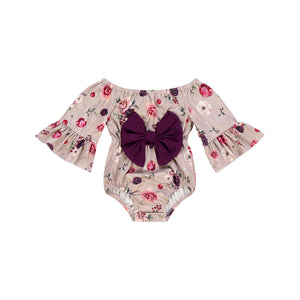 Kryssi Kouture Girls Mocha Rose Off Shoulder Bow Romper