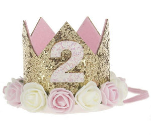 Pink and Gold Glitter First and Second Birthday Floral Princess Crown - One or Two