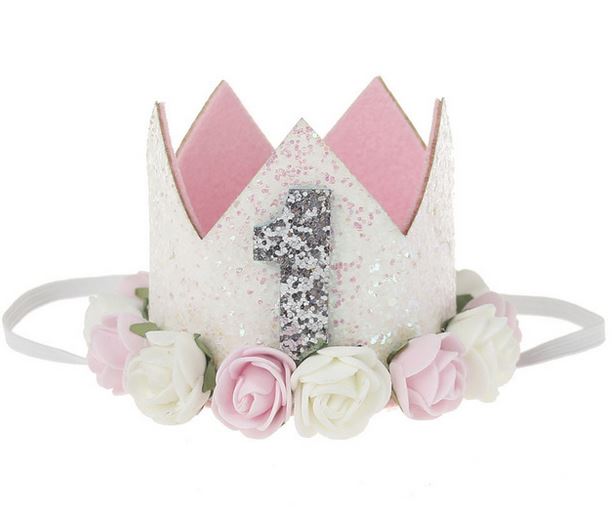 Girls Pink and White First Birthday Sparkling Glitter Floral birthday Crown ONE