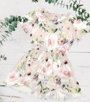 Tan & Pink Floral Spring Skirted Romper