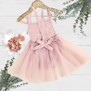 Baby Girls First Birthday Dusty Rose Lace Tutu Romper 2 Pc Set with Rose Gold One - Includes matching headband - back of outfit, shows where straps are attached to the back, just above the bum area
