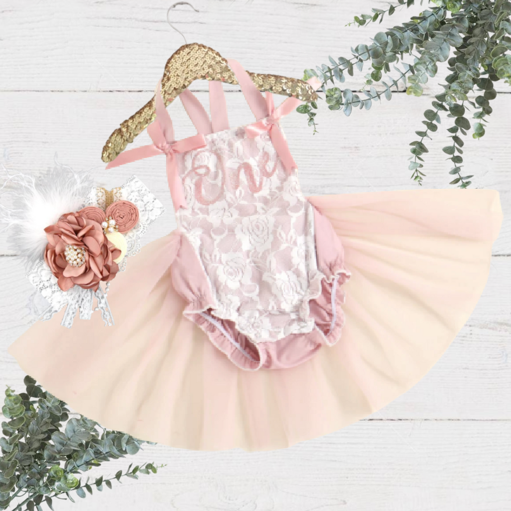 Baby Girls First Birthday Dusty Rose Lace Tutu Romper 2 Pc Set with Rose Gold One - includes matching headband - Front of outfit