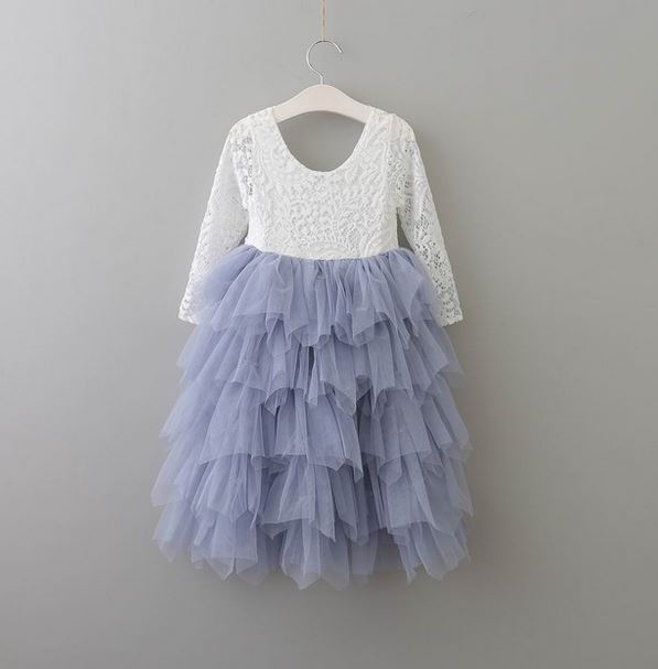 Veronica Soft White Eyelash Long Sleeve Lace with a Country Blue Long Tutu Skirt - Princess Dress