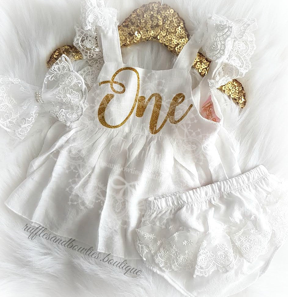 ***BEST SELLER*** Baby Girls Isabella First Birthday ONE Lace Swing Birthday Dress in White & Gold