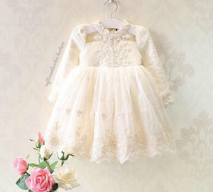 Kryssi Kouture Grace & Lace Girls Ivory Lace and Pearl Long Sleeve Tulle Dress, Fall - Ruffles & Bowties Bowtique