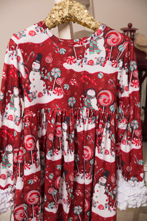 Candy Snowman Long Ruffles Sleeve Tunic/Dress