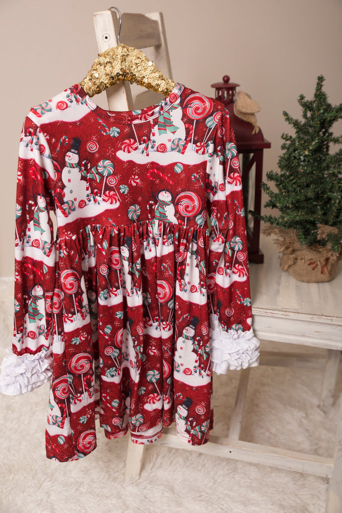 Candy Snowman Long Ruffles Sleeve Tunic/Dress