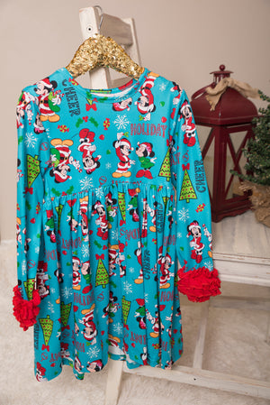 Turquoise Minnie Long Ruffle Sleeve Dress