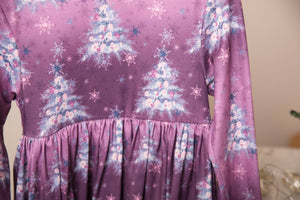 Purple Christmas Trees Long Ruffles Sleeve Tunic/Dress
