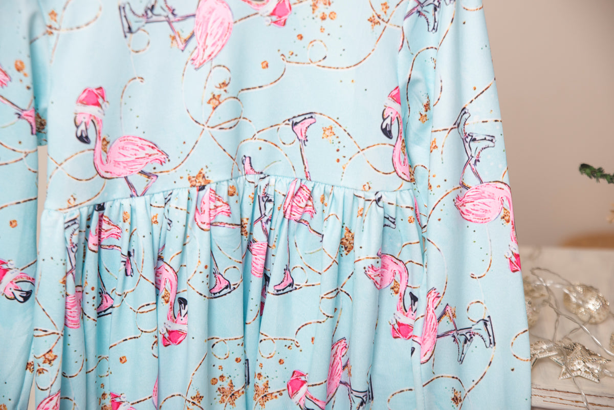 Skating Flamingos Long Ruffles Sleeve Tunic/Dress