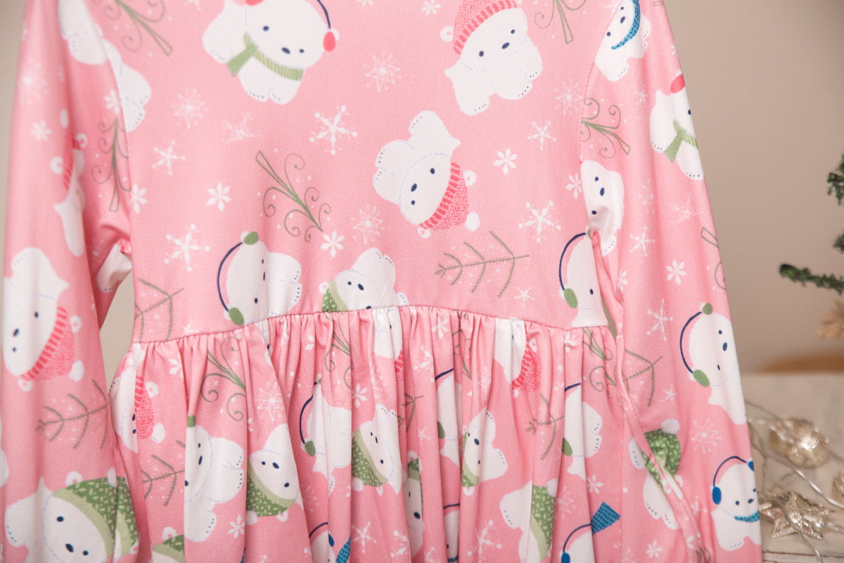 Pink Polar Bear Long Ruffles Sleeve Tunic/Dress