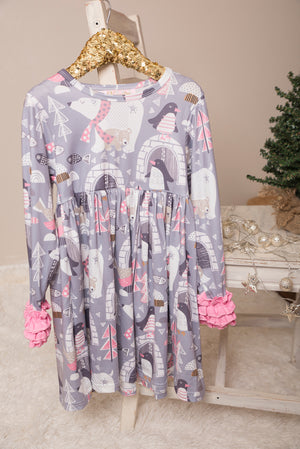 Pink & Grey Igloo Long Ruffles Sleeve Tunic/Dress