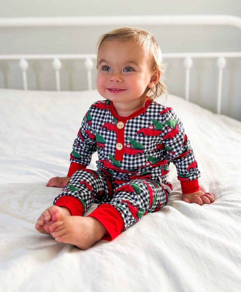 Baby Boys or Girls Buffallo plaid Christmas Truck Holiday 2 pc pajamas with buttons